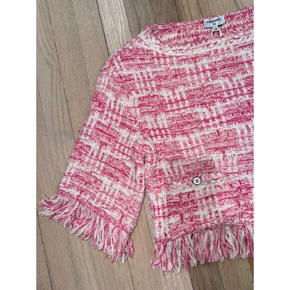 Chanel 24P Pink White Knit Frayed Tweed CC Logo Short Sleeve Pullover Top 38 - Picture 4 of 16